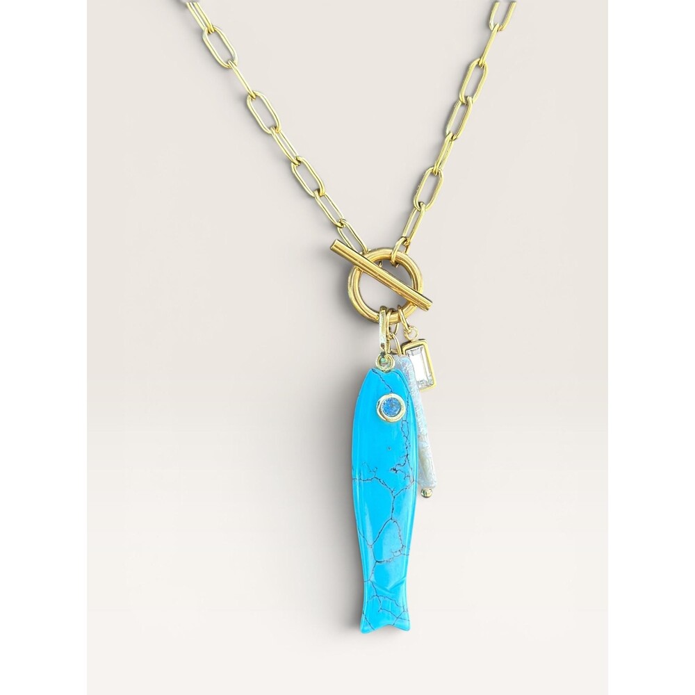 Viral Fish Charm and Pearl Necklace on Paperclip Gold Chain Turquoise  Gemstone - Picture 3 of 3